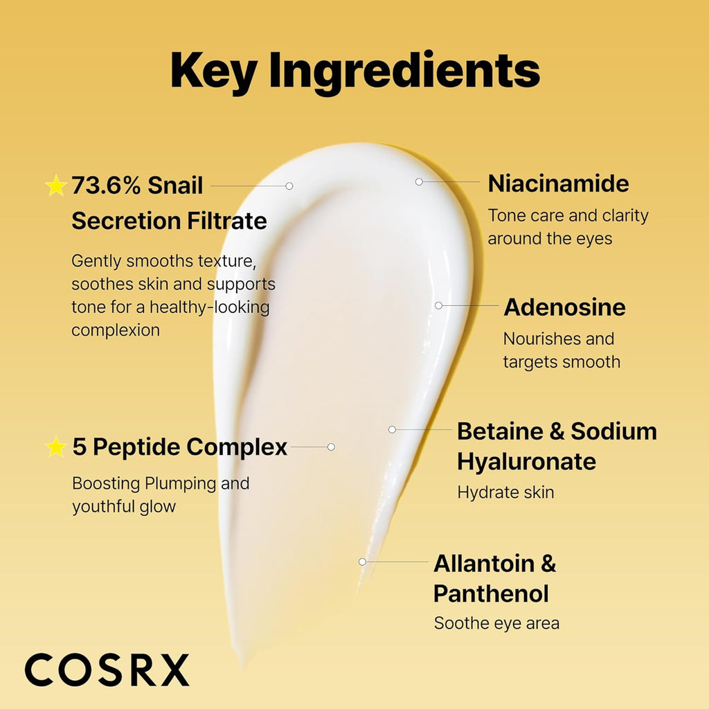 Snail Peptide Eye Cream with 73.7% Snail Mucin and Niacinamide, Brightening Korean Night Cream for Fine Lines and Dark Circles, Korean Skin Care