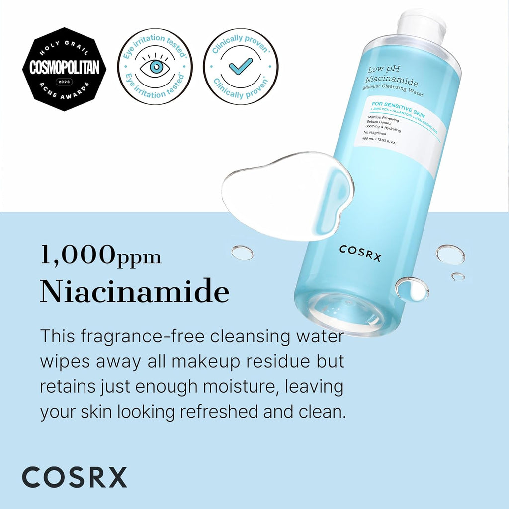 Low Ph Niacinamide Micellar Cleansing Water 13.52Fl.Oz/400Ml, Daily Mild Facial Cleansing Wash for Sensitive Skin, Sebum Control, Paraben Free, Korean Skincare