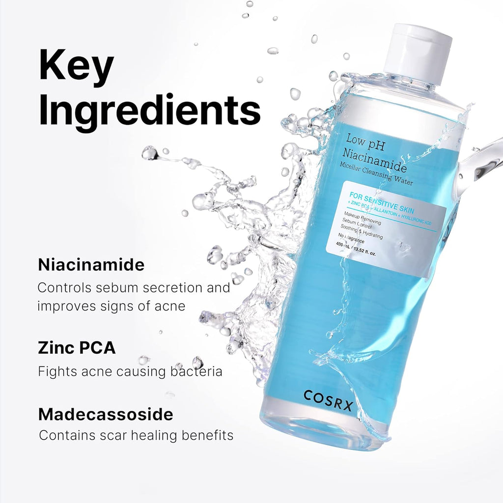 Low Ph Niacinamide Micellar Cleansing Water 13.52Fl.Oz/400Ml, Daily Mild Facial Cleansing Wash for Sensitive Skin, Sebum Control, Paraben Free, Korean Skincare