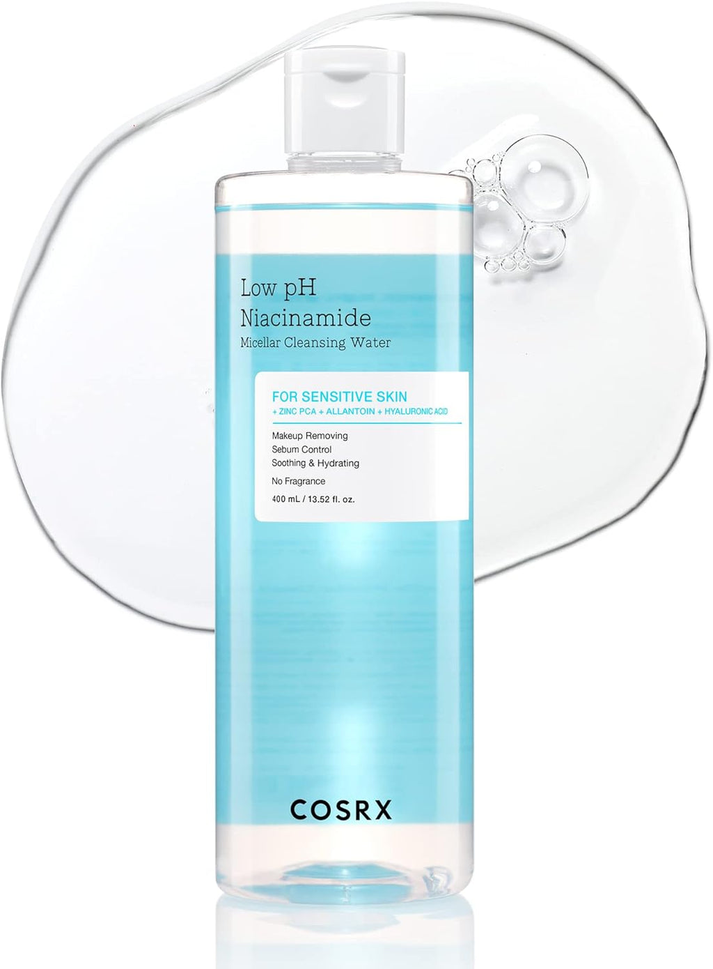 Low Ph Niacinamide Micellar Cleansing Water 13.52Fl.Oz/400Ml, Daily Mild Facial Cleansing Wash for Sensitive Skin, Sebum Control, Paraben Free, Korean Skincare