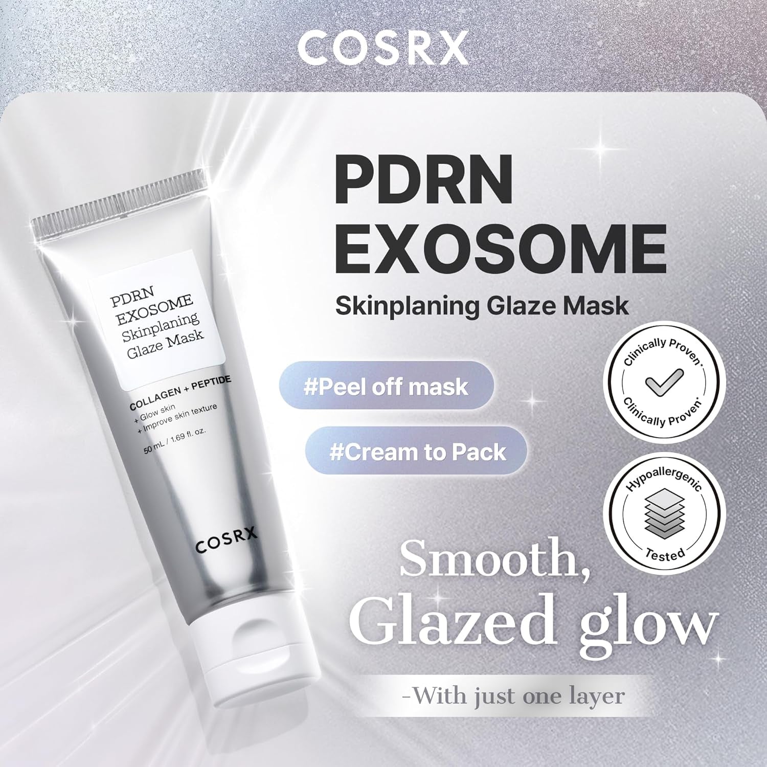 PDRN Exosome Skinplaning Glaze Mask 50Ml (Brush Included), Peel off Face Mask for Glass Skin, Gentle Exfoliation, Overnight Wrapping Treatment, Korean Skincare