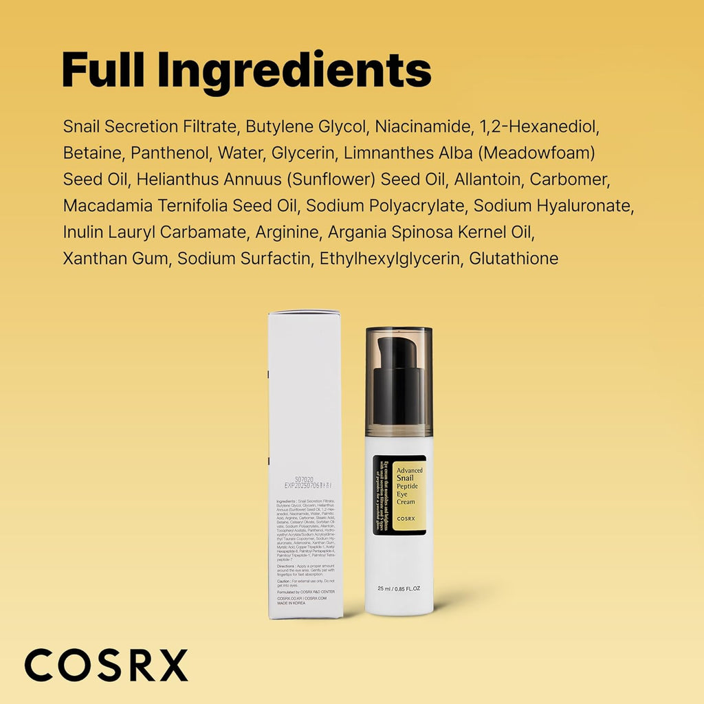 Snail Peptide Eye Cream with 73.7% Snail Mucin and Niacinamide, Brightening Korean Night Cream for Fine Lines and Dark Circles, Korean Skin Care